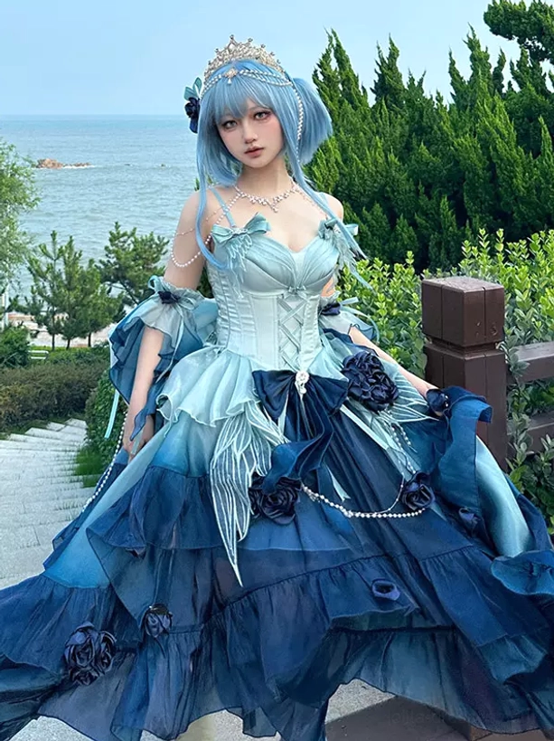 Purple sweet lolita fairy dress showing multiple tulle layers and dramatic high-low hemline construction