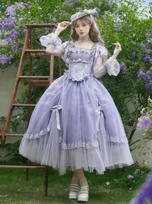 Purple sweet lolita princess dress front view with sheer puff sleeves and lace trim worn by model in garden setting with wooden ladder backdrop