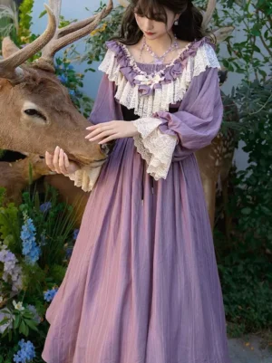 Purple Victorian classic lolita dress front three-quarter view featuring lace ruffled collar and lantern sleeves outdoor garden setting