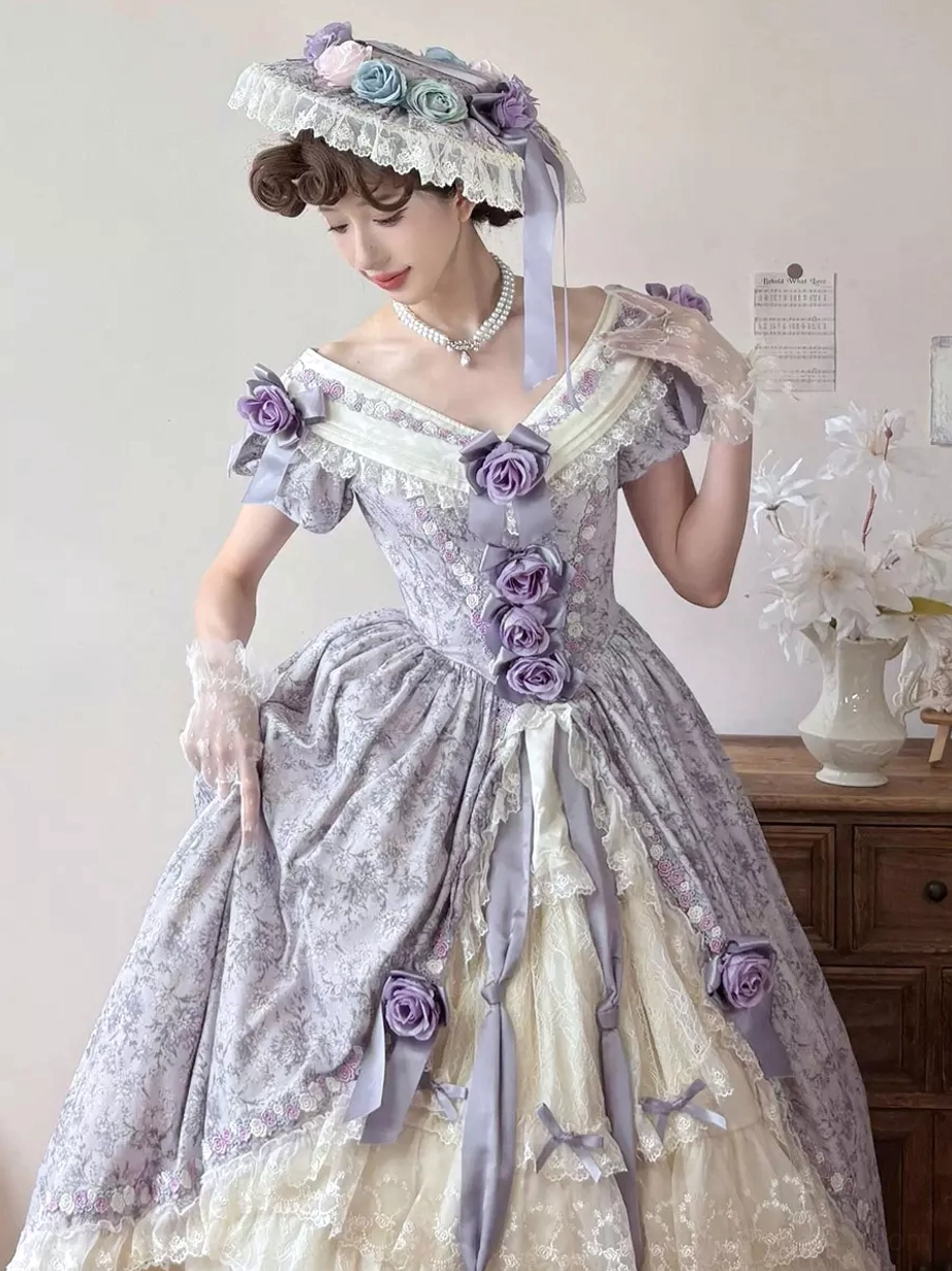 Purple Victorian Sweet Lolita Ball Gown Off-Shoulder Ruffle Sleeves Lace Gloves Pearl Necklace Side View with Rose Decorations