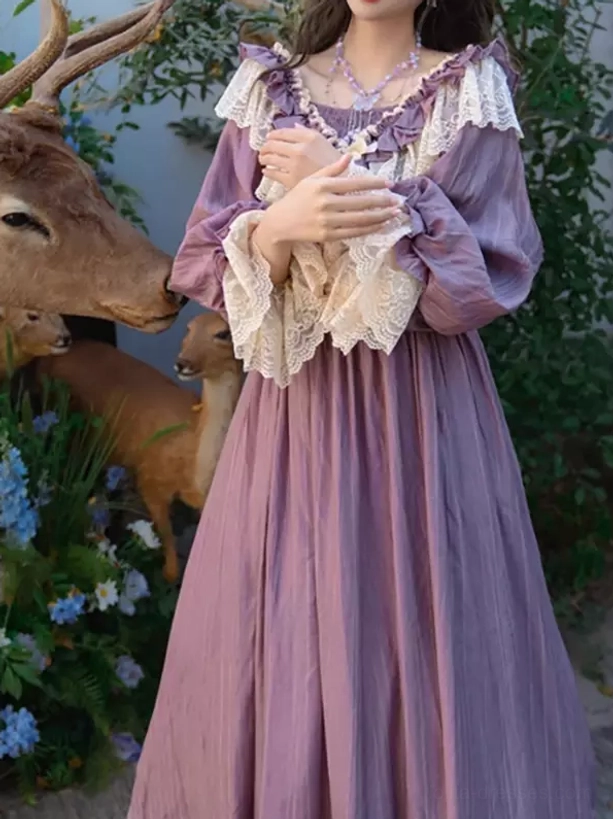 Purple classic lolita Victorian dress full front pose with layered lace trims and structured bodice detail