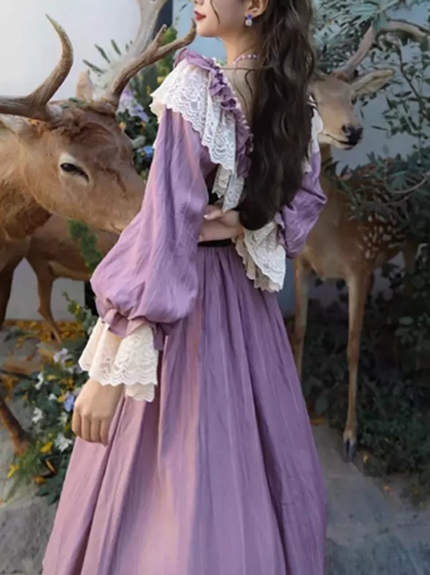 Purple classic lolita Victorian dress rear side view showing lace ruffled shoulder trim and flowing fabric