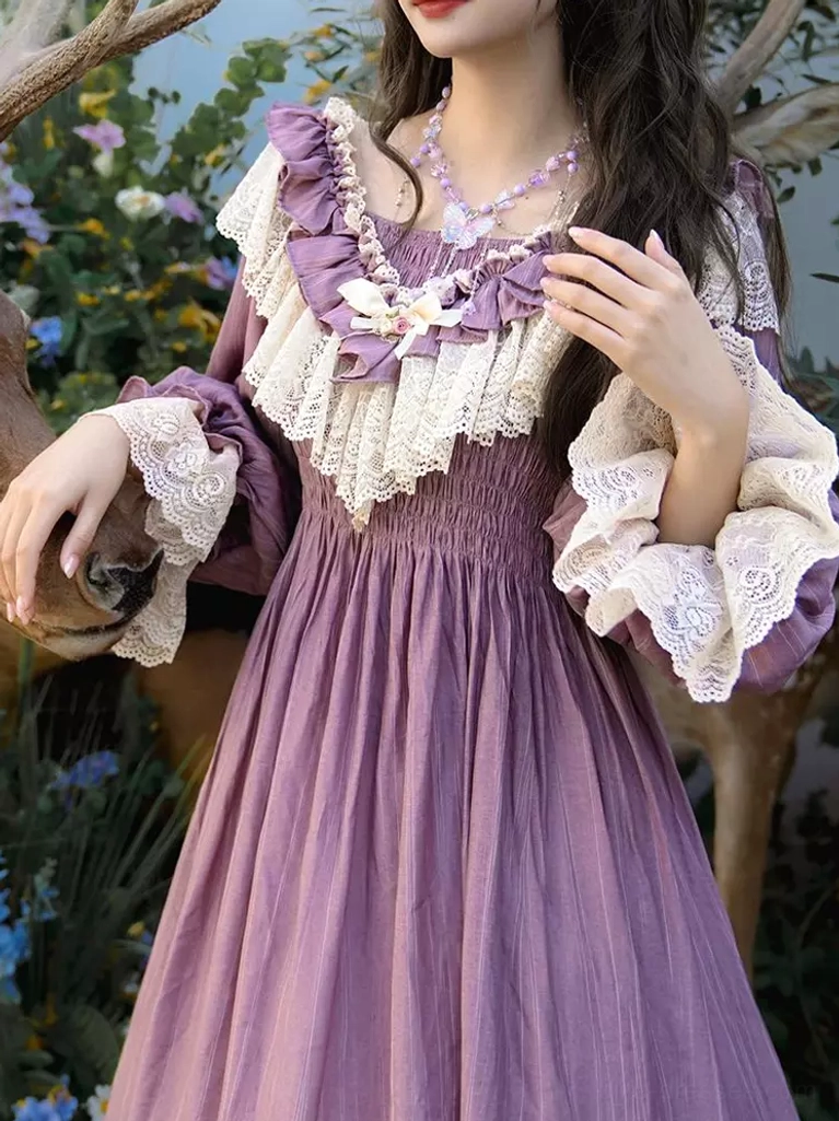 Purple Victorian classic lolita dress partial front view showcasing shirred waistline and lace collar embellishment