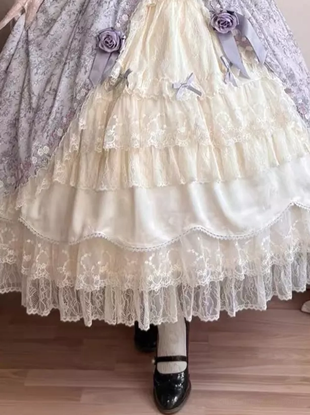 Purple Victorian Sweet Lolita Ball Gown Layered Cream Lace Trim Hem Close-up Floral Appliques Satin Bows Tulle Lace Hemline