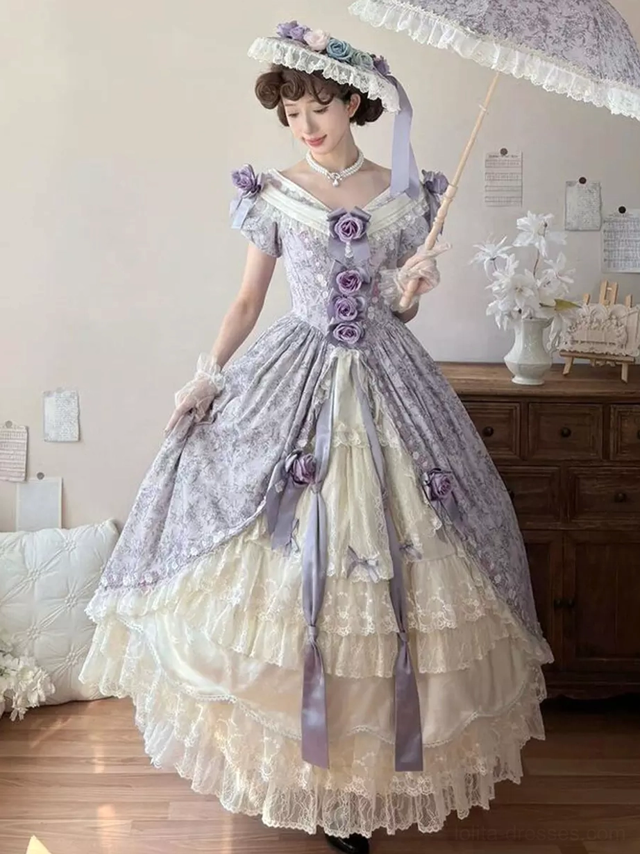 Purple Victorian Sweet Lolita Ball Gown Off-Shoulder Ruffle Corset Dress Front View with Lace Hat and Parasol Fairy Aesthetic