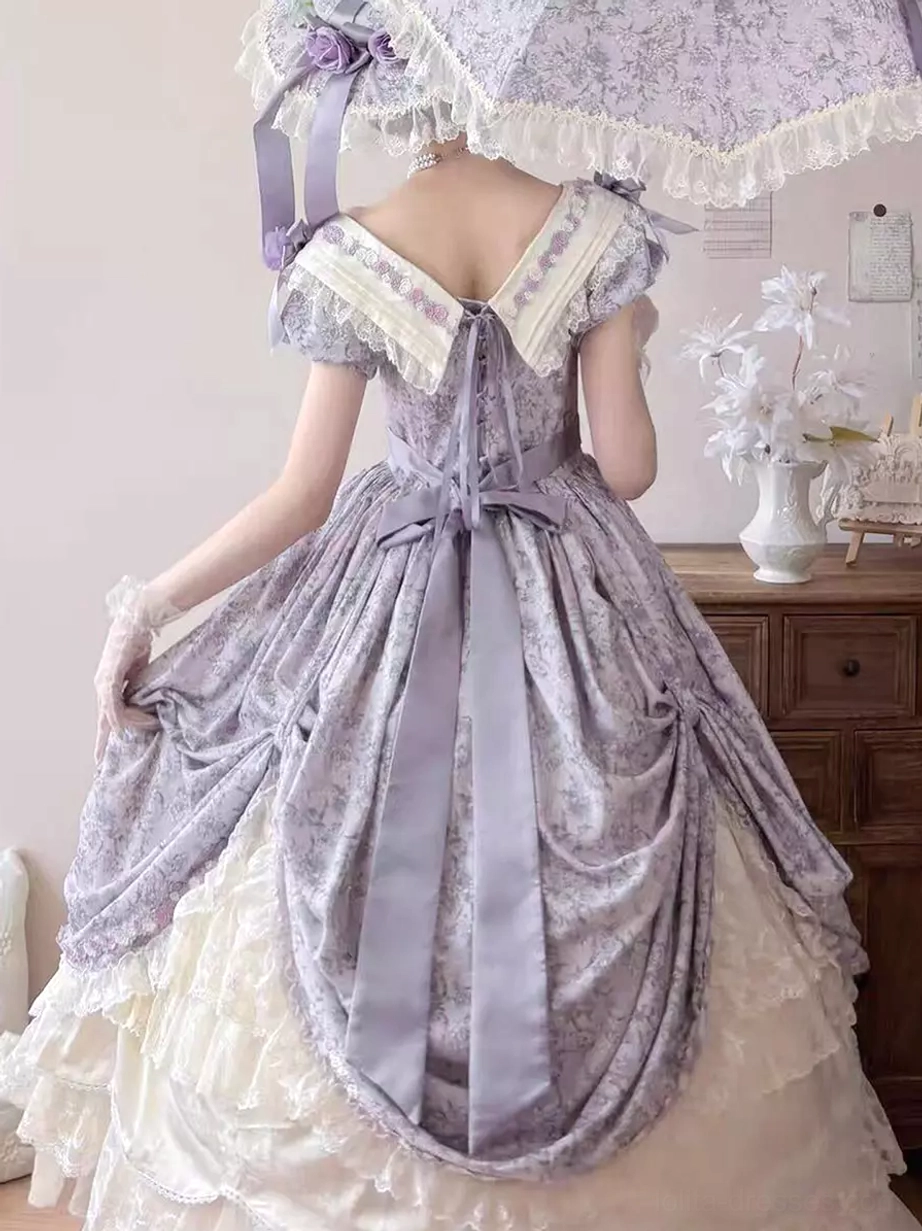 Purple Victorian Sweet Lolita Ball Gown Back View Lace Collar Large Purple Satin Sash Back Bow Detail Lace Gloves