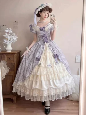 Purple Victorian Sweet Lolita Ball Gown Corset Bodice Pearl Necklace Layered Ruffle Lace Skirt Mirror Selfie Front View