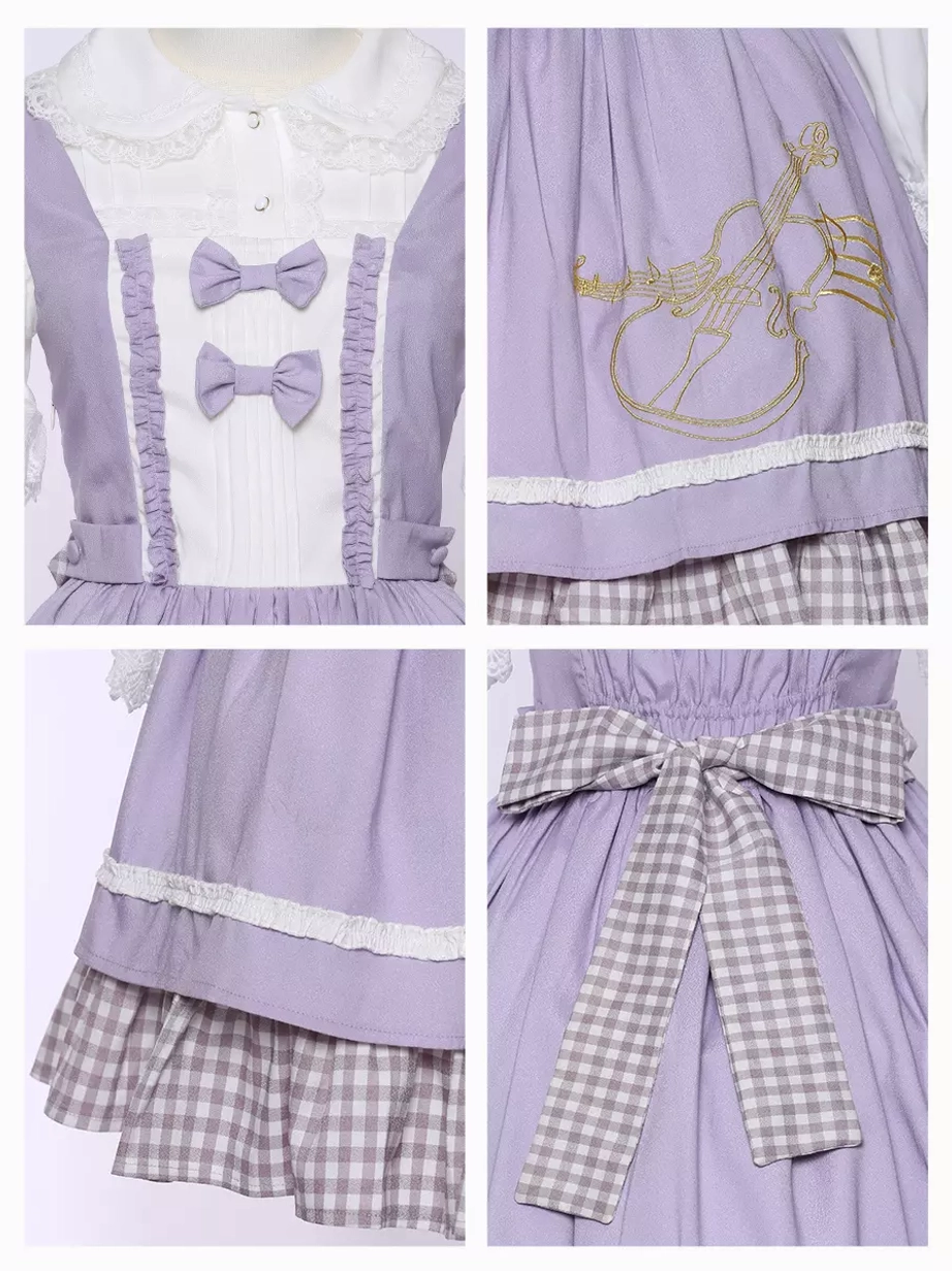 Lolita dress size reference image showing purple violin JSK proportions fit and silhouette on model for sizing help