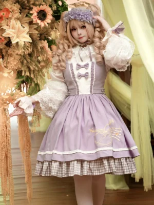 Purple violin sweet lolita JSK dress with gingham ruffles front three-quarter view on blonde model wearing flower hairband and purple bows