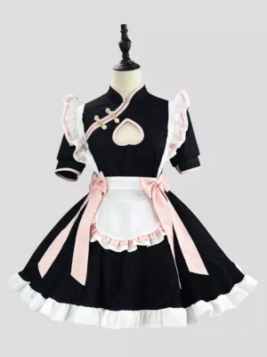 Maid lolita costume dress featuring pink bow apron and cheongsam collar with ruffled skirt hem on dress mannequin