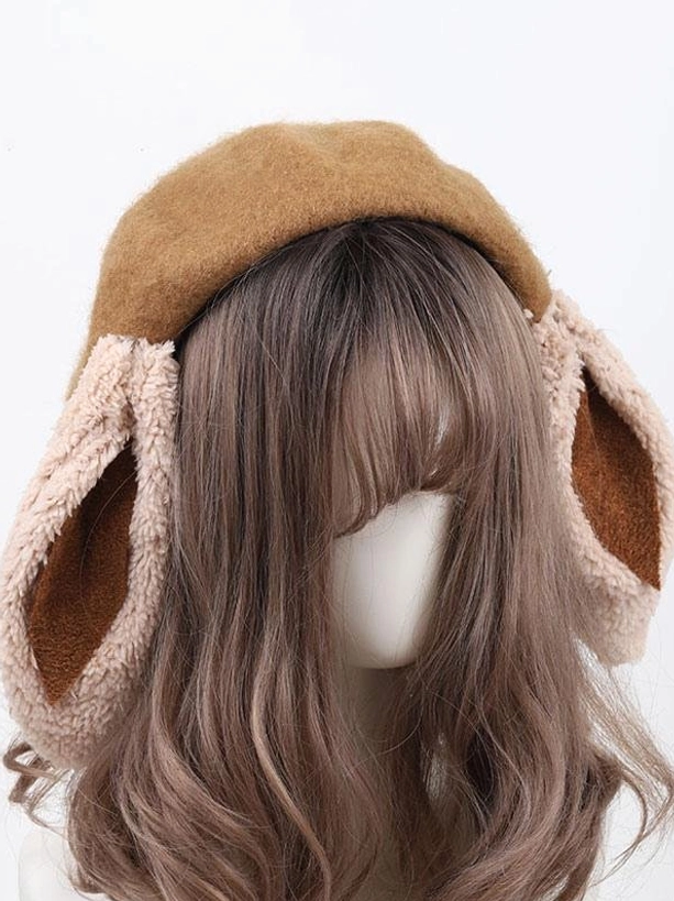 Tan brown rabbit ear lolita headdress accessory front view with plush beige ears and dark brown inner details