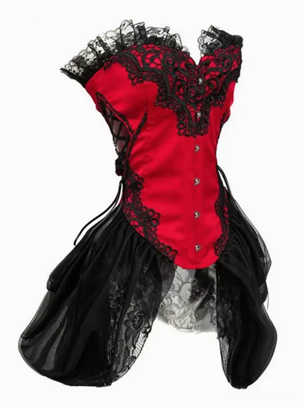 Victorian gothic lolita corset dress featuring red satin bodice with black lace appliqué, decorative front buttons and high-low black tulle skirt