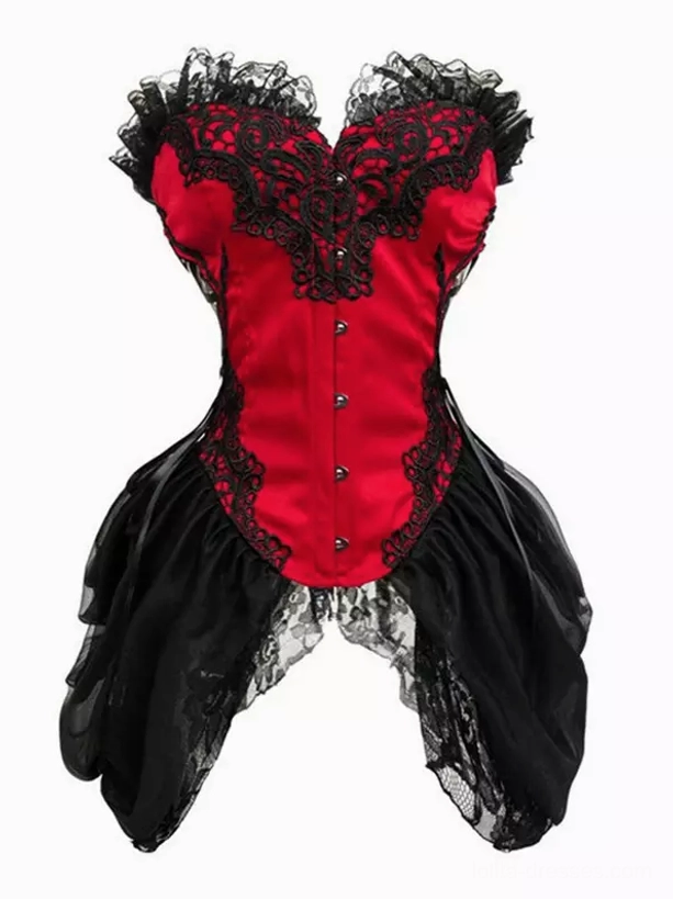 Red and black lolita corset dress with heart-shaped lace neckline on red satin bodice, decorative front buttons and high-low black tulle skirt - gothic style