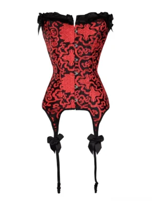 Red and black jacquard vintage Victorian strapless corset with black ruffled neckline, front button closure, and decorative bow garters - front view Lolita fashion classic corset waist trainer
