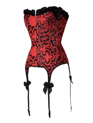 Red-black vintage print strapless corset with black ruffled trim and front button fasteners, three attached bow garters, angled front perspective Lolita waist trainer romantic gothic aesthetic