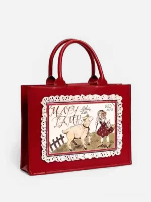 red classic lolita tote handbag with lace-framed vintage print panel and ruffled accents front view display