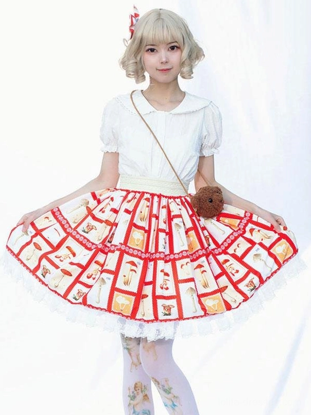 Red and white floral Lolita skirt front full view with dramatic A-line silhouette and patterned tights