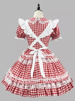 Back view of red gingham Sweet Lolita maid dress showing crisscross apron straps waist sash and tiered lace skirt hem