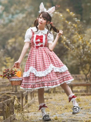 Red and white gingham sweet lolita pinafore dress with white ruffled apron front view full body model wearing rabbit ear headband