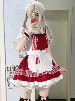 Red gingham sweet lolita maid dress with white ruffled apron and large red bow worn by blonde model in mirror selfie