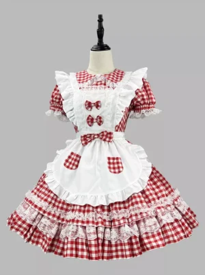 Red gingham Sweet Lolita maid dress with lace-trimmed apron and decorative bows front full view on dress form