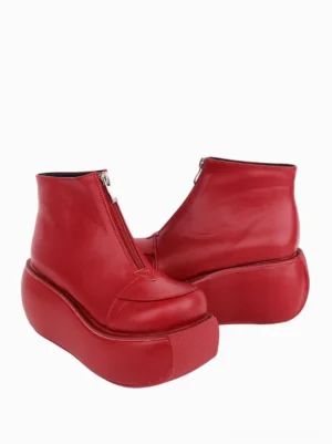 Red Gothic Lolita platform boots chunky wedge sole metal zipper closure side profile view sleek PU leather finish