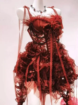 Red gothic lolita dress front oblique view displaying corset bodice with rose bust decoration and layered tulle ruffles