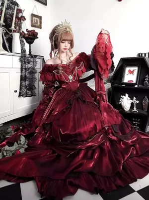 Gothic Lolita red dress off-shoulder neckline large layered ball skirt three-quarter low-angle view shiny satin