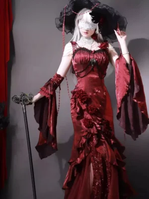Red gothic lolita mermaid dress front view with wine red satin, 3D rose appliqués, sweetheart neckline, flared detached sleeves, and ruffled fishtail hem