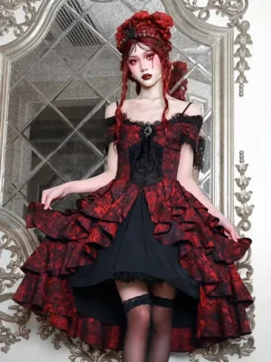 Red and black jacquard gothic lolita off-shoulder bustier dress with tiered ruffles, front three-quarter view showcasing corset bodice and high-low hemline with black underlayer