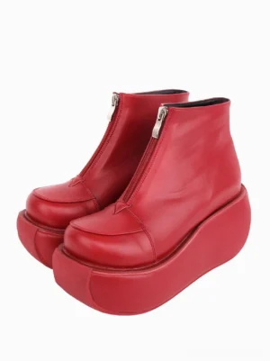 Red platform Gothic Lolita ankle boots with metal front zipper closure round toe thick wedge sole front three-quarter view