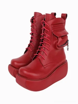 Red gothic lolita platform boots front double-shoe view showing round toe lace-up design and thick platform sole