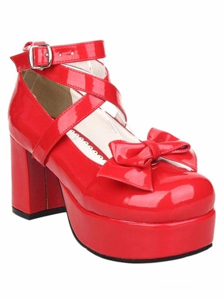Red lolita platform pump right front three-quarter view, featuring glossy PU leather, cross ankle straps with buckle, front bow accent, and block heel platform