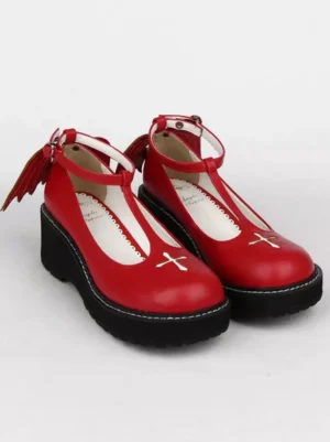 Red leather Gothic Lolita T-strap wedge platform shoes with tassel ankle strap and cross toe embellishment overhead view