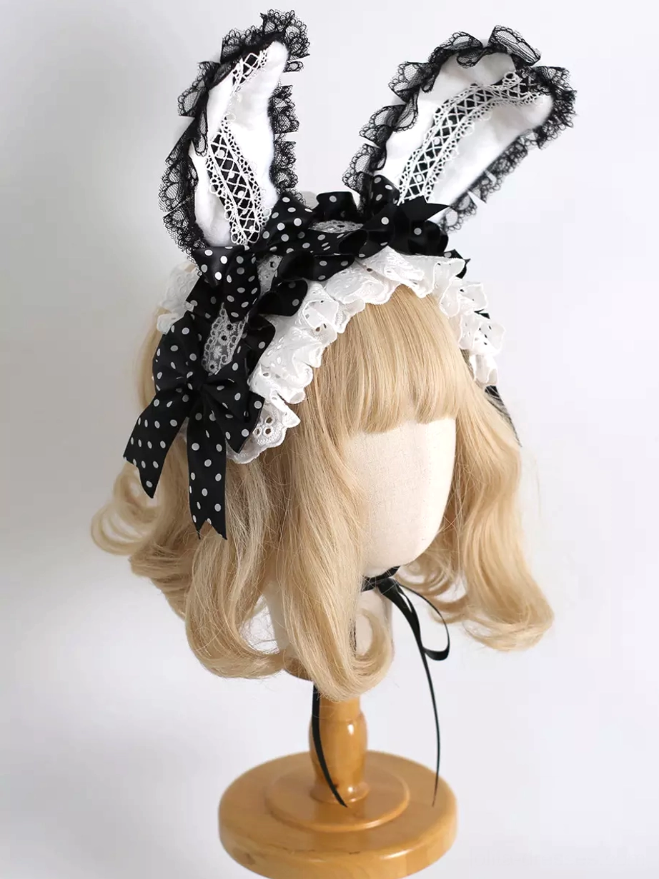Red lace bunny ear lolita hairband with ruffled edges and coordinating outfit styling recommendation