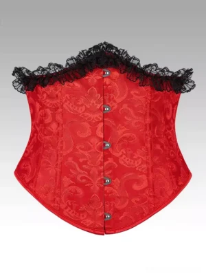 Red vintage lace corset front view showing damask jacquard fabric with black ruffled lace trim and metal button closure perfect for gothic lolita fashion