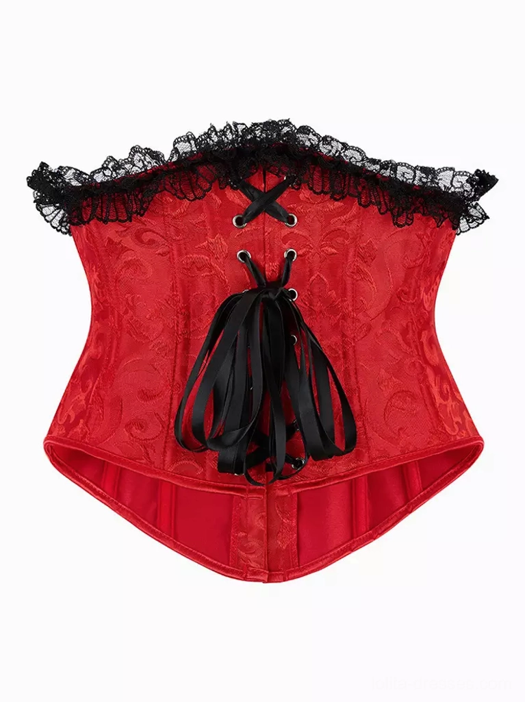 Red lace corset back view displaying crisscross lace-up construction with black ribbon ties and black lace neck trim for authentic lolita aesthetics
