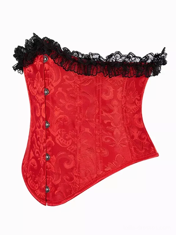 Red damask lace corset angled perspective showing vertical button closure curved hem design and black lace ruffled collar detail for lolita fashion