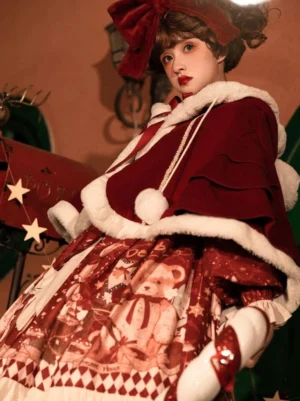 Red lolita cape coat with layered ruffled edges fuzzy collar trim three-quarter angle view
