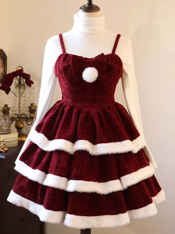 Red lolita Christmas dress cape set close-up of bow embellishments fuzzy trim details and fabric texture quality