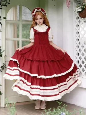 Red sleeveless lolita dress corset bodice layered ruffled skirt three-quarter angle
