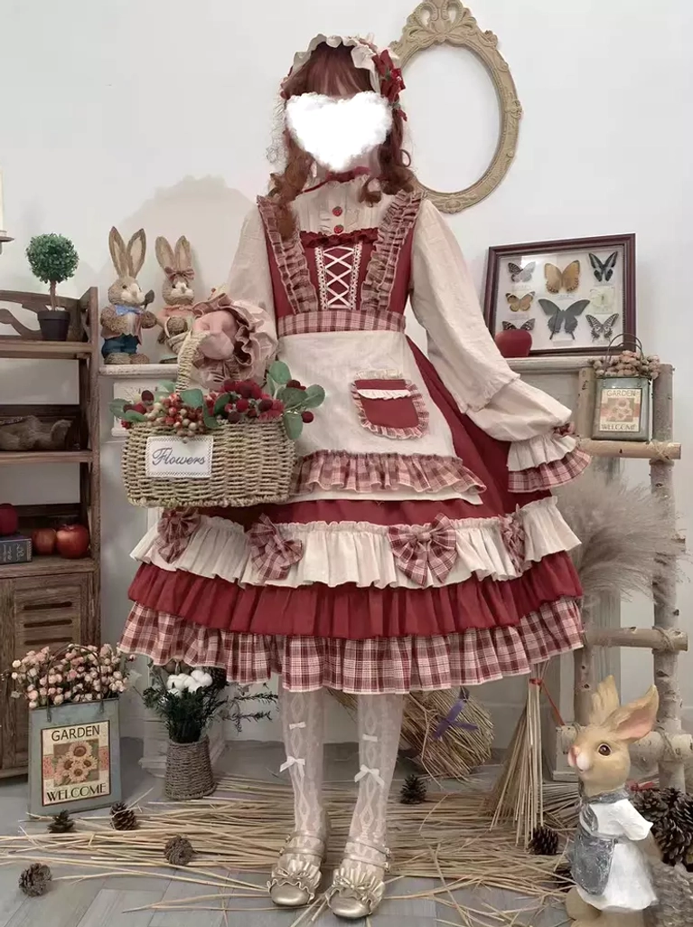 Red Lolita dress set with detachable apron front view showing plaid hem band ruffled apron with functional pockets
