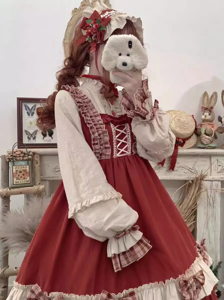 Red plaid sweet Lolita dress set detail shot highlighting embellishment quality ruffles lace and bow appliqués