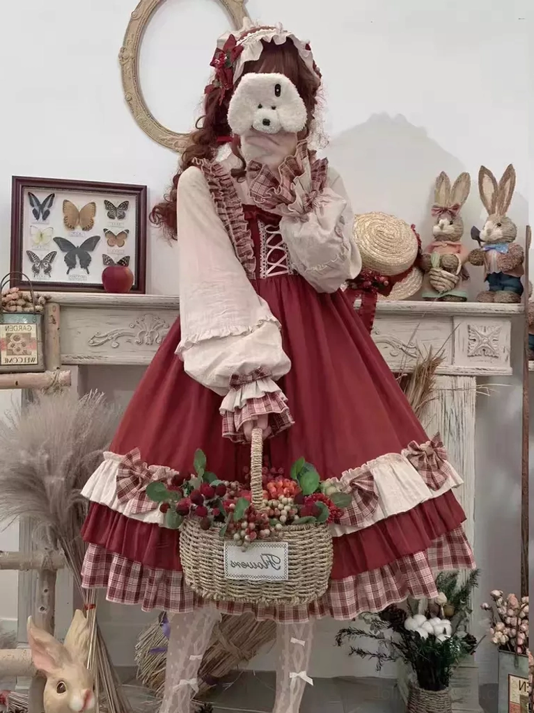 Three-quarter full view of red Lolita dress set with inner blouse and flower basket accessory highlighting ruffled cuffs