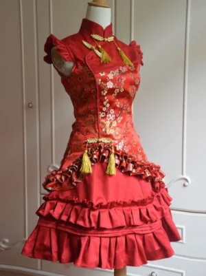 Classic lolita red satin dress with jacquard plum blossom print mandarin stand collar and waist tassel trim three-quarter front view