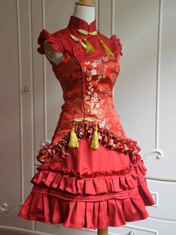 Classic lolita red satin dress with jacquard plum blossom print mandarin stand collar and waist tassel trim three-quarter front view