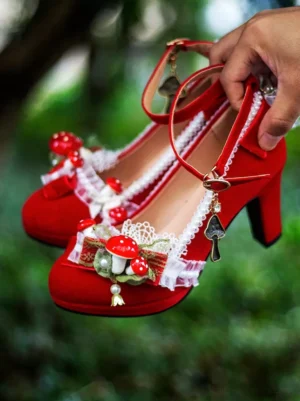 pair red lolita platform shoes side front view outdoor lace frills mushroom pendants pearl decorative trim block heel shoes