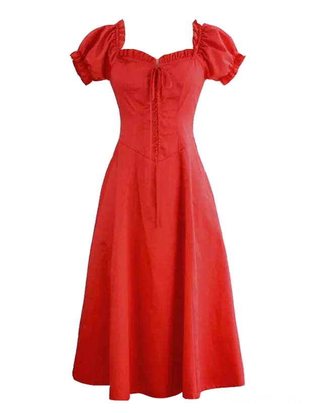 Red puff-sleeve Classic Lolita OP dress with front lace-up detail, ruffled neckline and flowy A-line midi skirt for romantic aesthetic