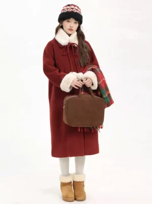 Red lolita Christmas overcoat styled with plaid scarf and brown handbag, showcasing festive coordination
