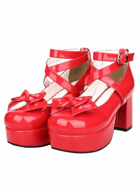 Red gothic lolita cross-strap platform heels front flat view, featuring glossy patent leather, toe cap bow details, buckled cross straps, and chunky block heels